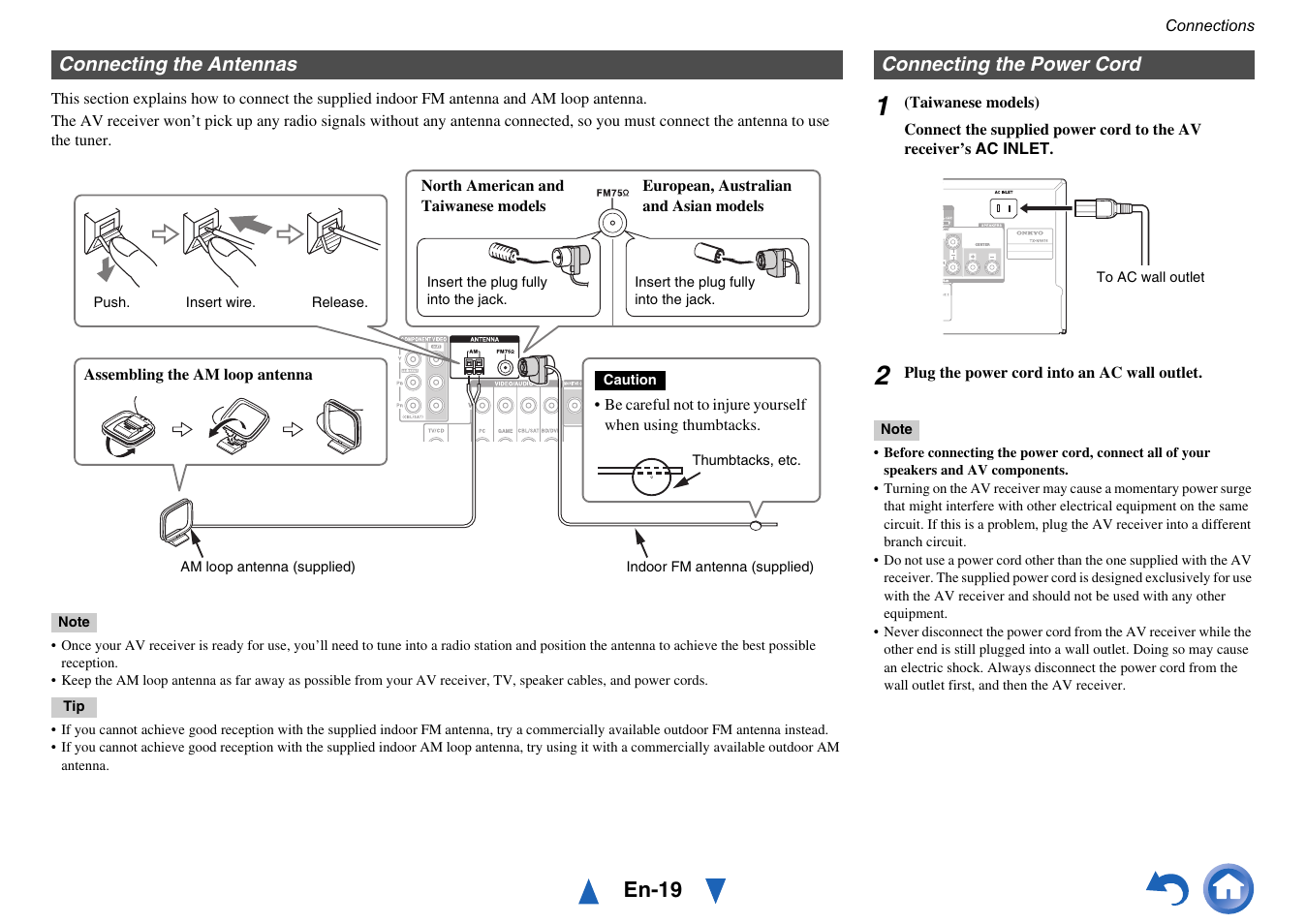 Connecting the antennas, Connecting the power cord, Dels) | Connecting the antennas connecting the power cord, En-19 | Onkyo TX-NR515 User Manual | Page 19 / 140