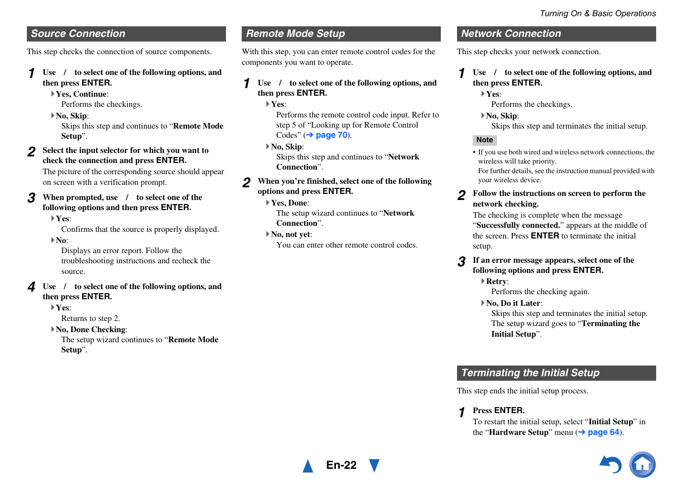 Source connection, Remote mode setup, Network connection | Terminating the initial setup | Onkyo TX-NR515 User Manual | Page 22 / 140