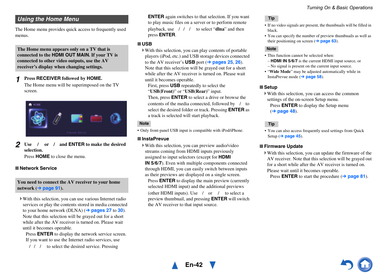 Using the home menu, En-42 | Onkyo TX-NR515 User Manual | Page 42 / 140