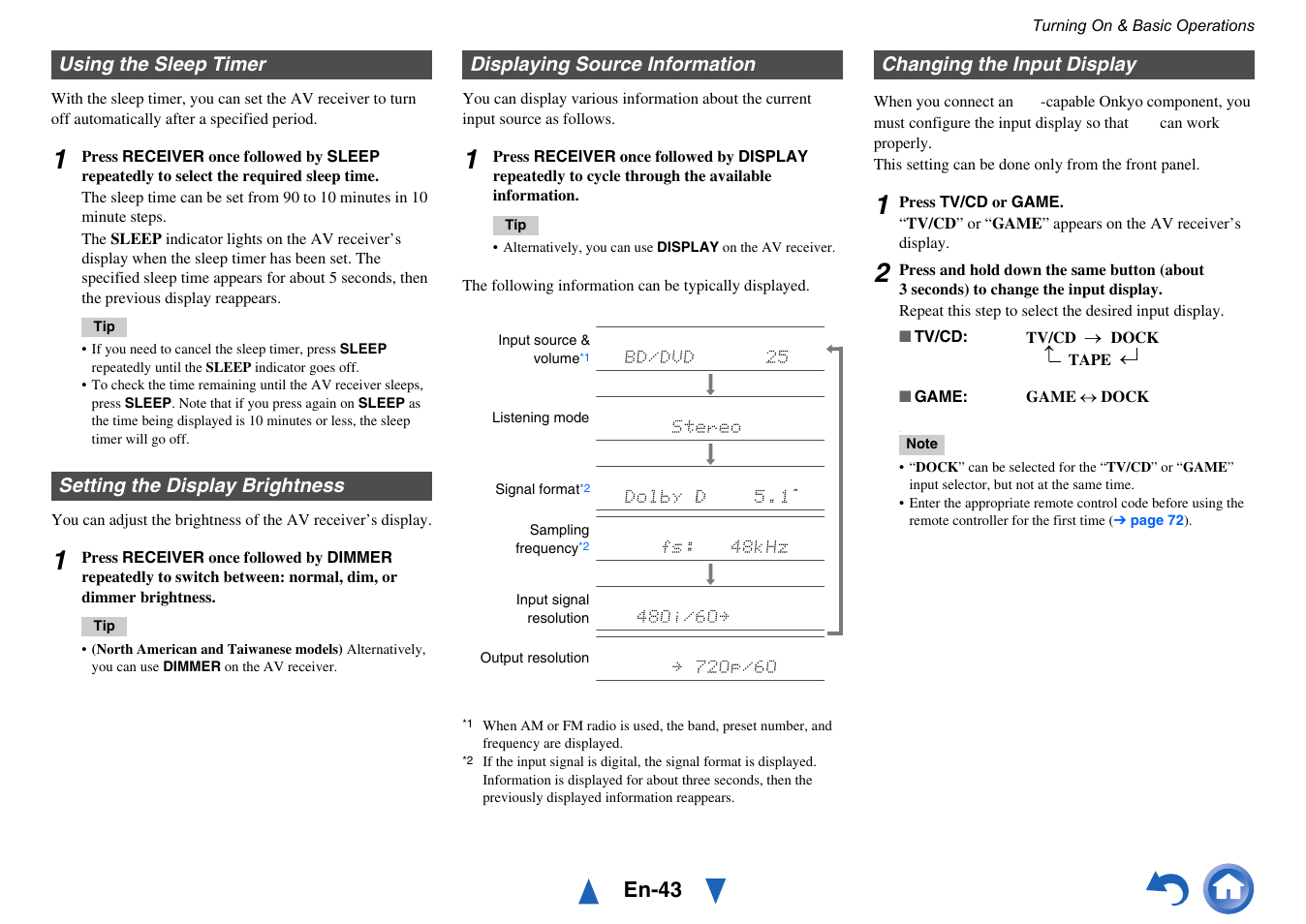 Using the sleep timer, Setting the display brightness, Displaying source information | Changing the input display, Models), See “displaying source information, En-43 | Onkyo TX-NR515 User Manual | Page 43 / 140