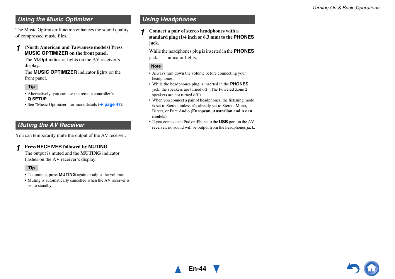 Using the music optimizer, Muting the av receiver, Using headphones | Jack, En-44 | Onkyo TX-NR515 User Manual | Page 44 / 140