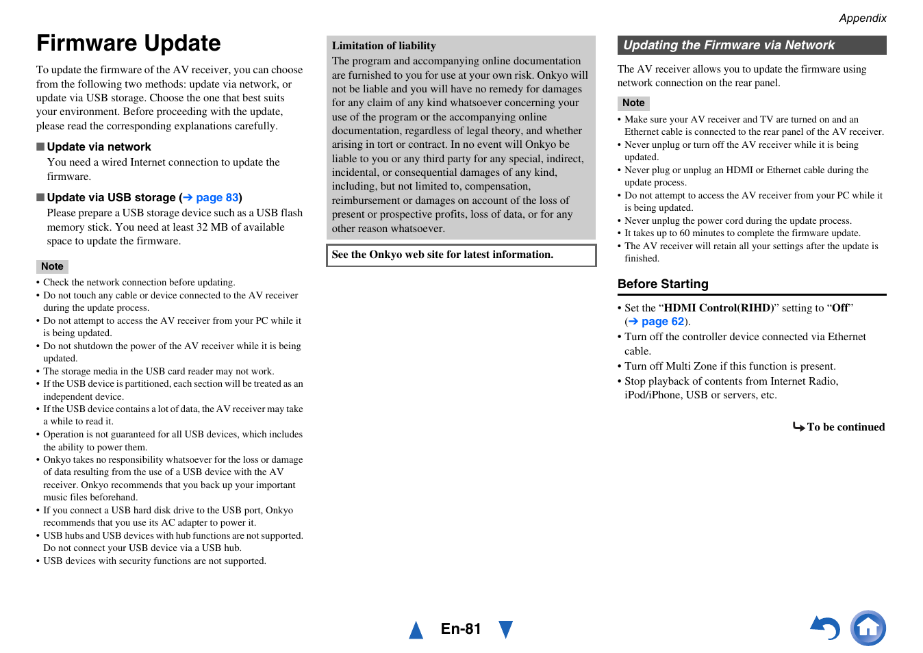 Firmware update, Fer to “firmware update, Procedure | En-81 | Onkyo TX-NR515 User Manual | Page 81 / 140