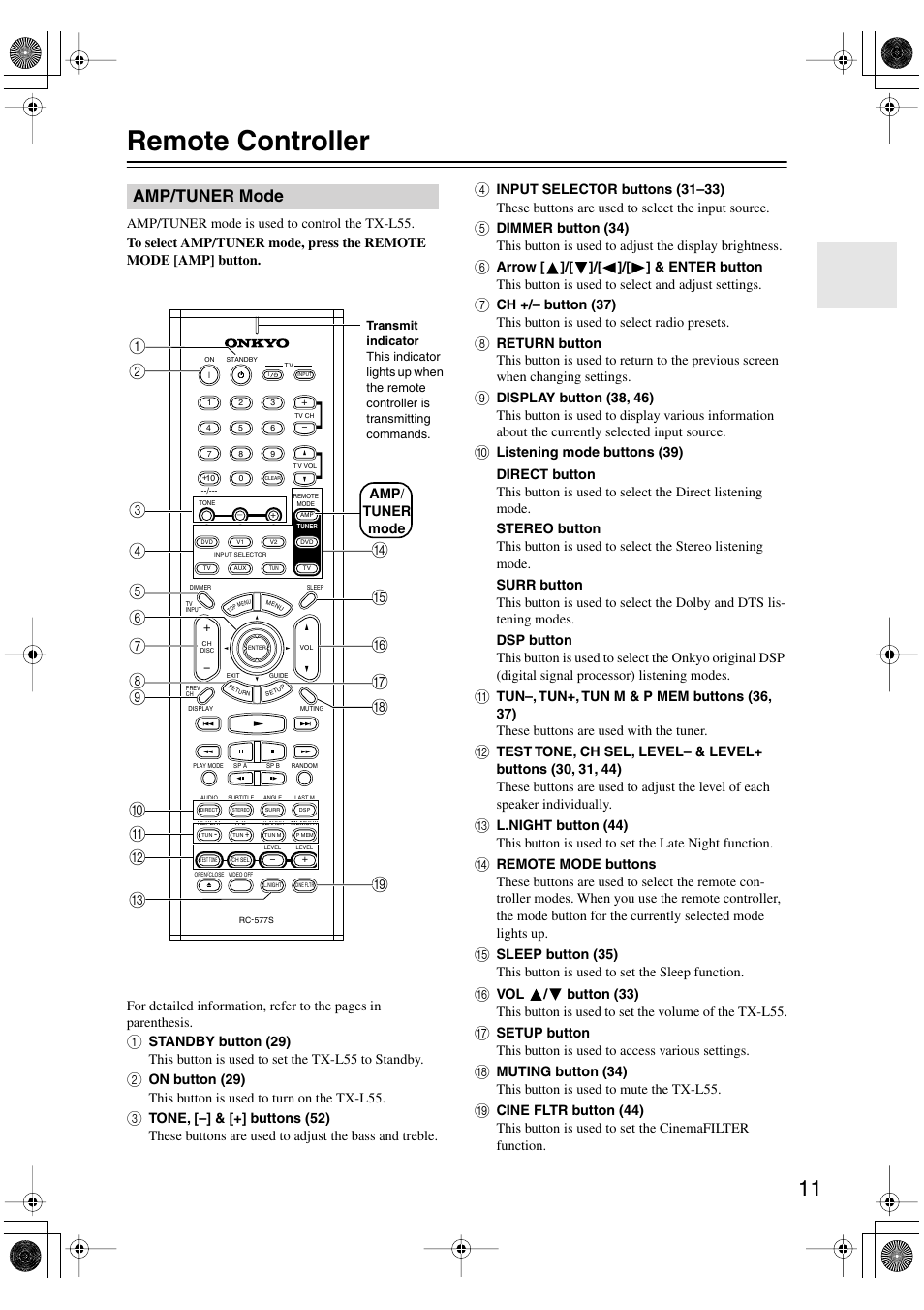 Remote controller, Amp/tuner mode | Onkyo TX-L55 User Manual | Page 11 / 63