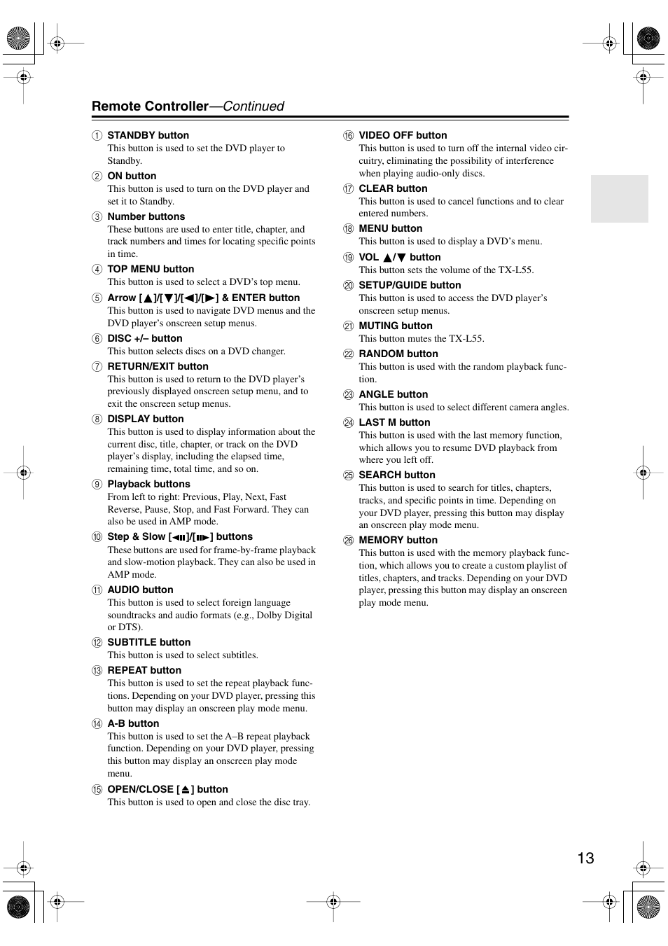 Remote controller —continued | Onkyo TX-L55 User Manual | Page 13 / 63