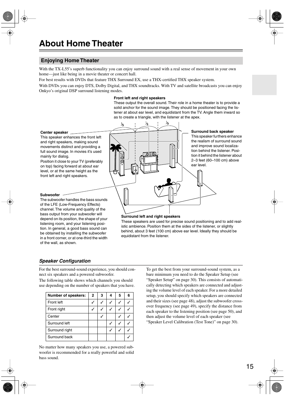 About home theater, Enjoying home theater | Onkyo TX-L55 User Manual | Page 15 / 63