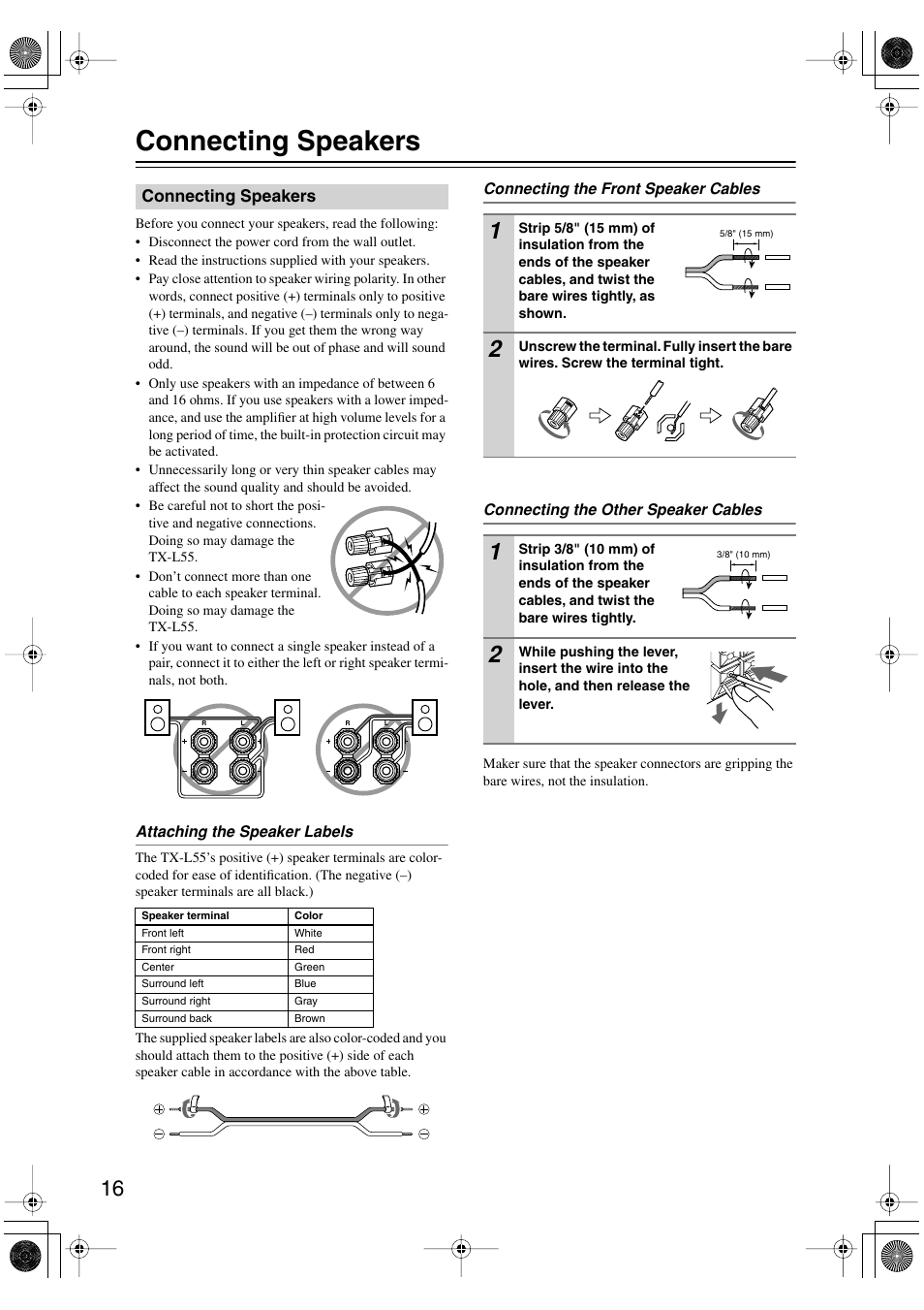Connecting speakers | Onkyo TX-L55 User Manual | Page 16 / 63