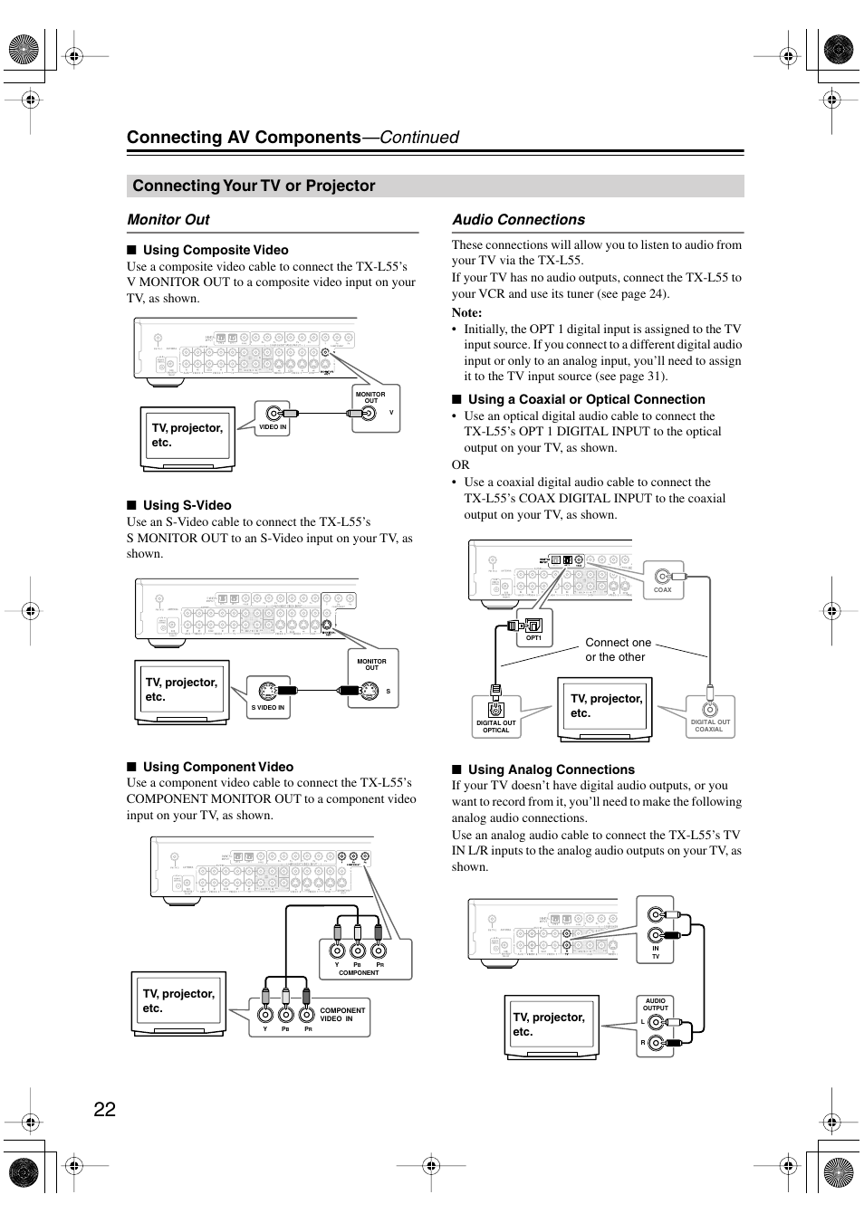 Connecting av components —continued, Connecting your tv or projector, Monitor out | Audio connections | Onkyo TX-L55 User Manual | Page 22 / 63