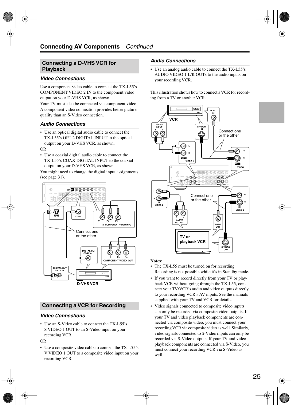 Connecting av components —continued, Video connections, Audio connections | Onkyo TX-L55 User Manual | Page 25 / 63