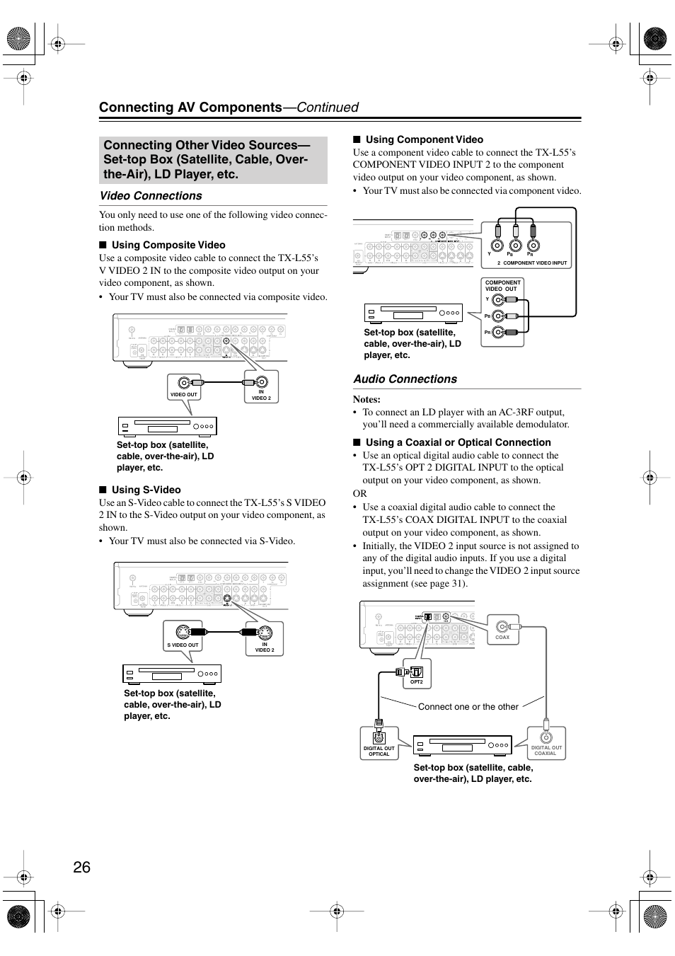 Connecting av components —continued, Video connections, Audio connections | Onkyo TX-L55 User Manual | Page 26 / 63