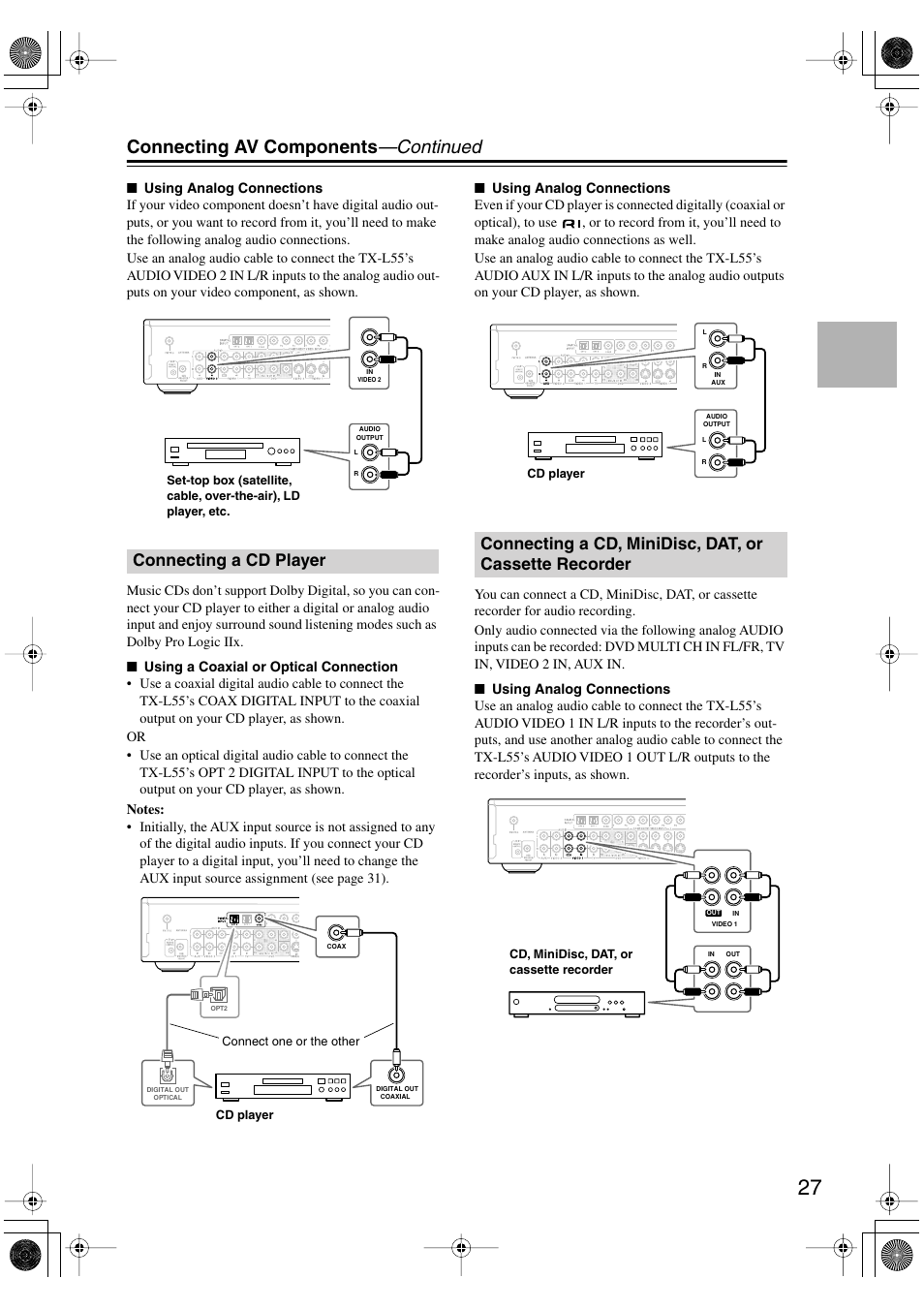 Connecting av components —continued, Connecting a cd player | Onkyo TX-L55 User Manual | Page 27 / 63