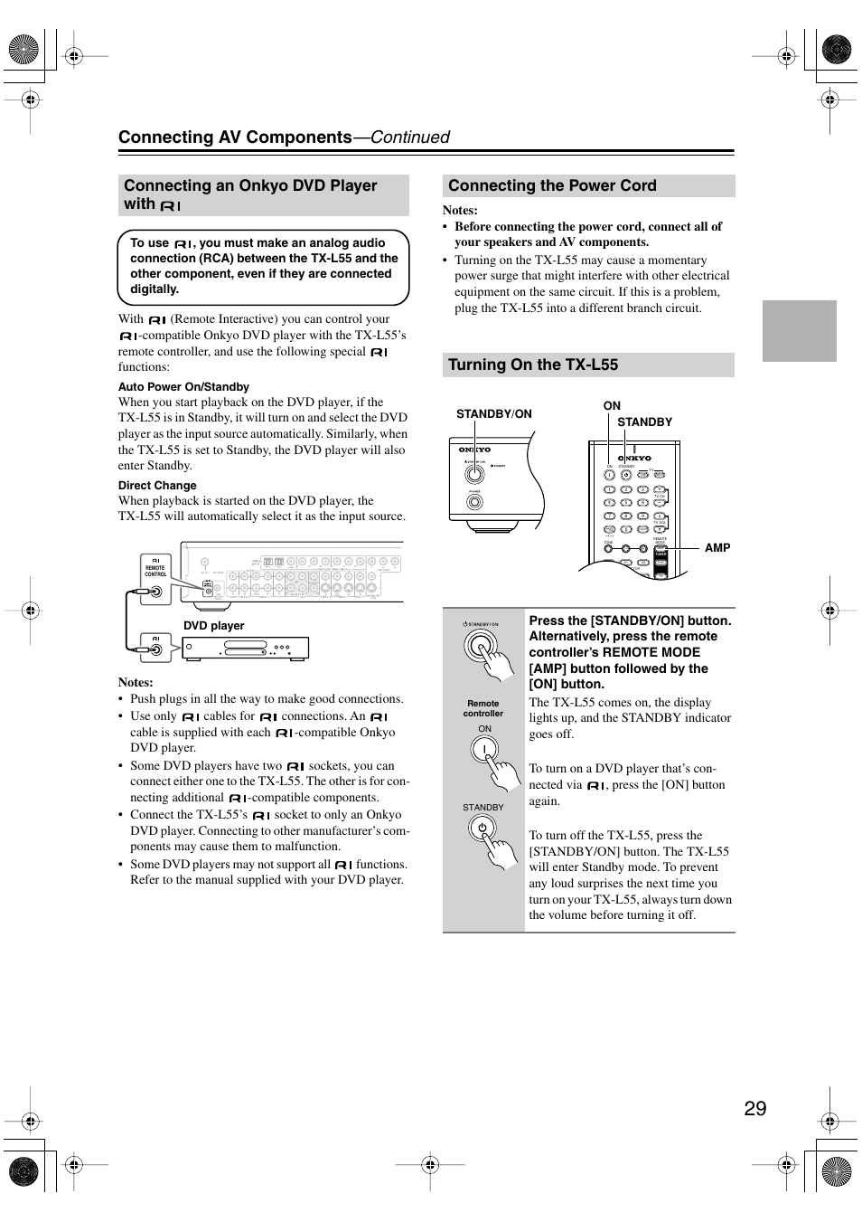 Connecting av components —continued, Connecting an onkyo dvd player with, Connecting the power cord turning on the tx-l55 | Onkyo TX-L55 User Manual | Page 29 / 63