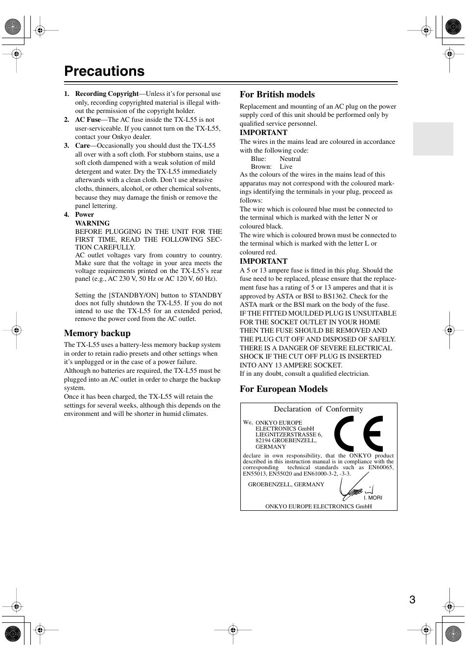 Precautions, For british models, For european models | Onkyo TX-L55 User Manual | Page 3 / 63