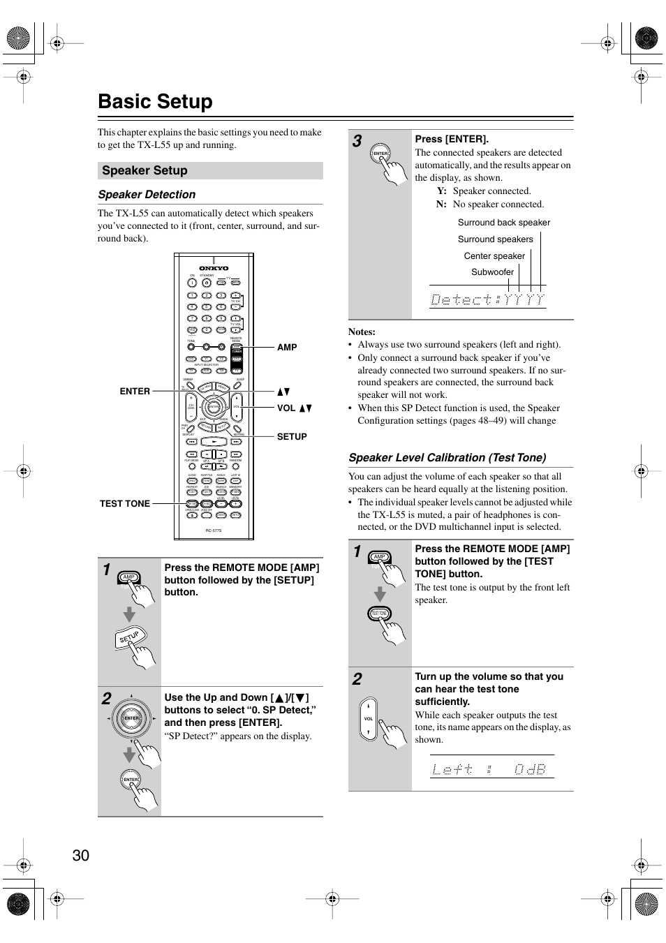 Basic setup, Speaker setup, Speaker detection | Speaker level calibration (test tone) | Onkyo TX-L55 User Manual | Page 30 / 63