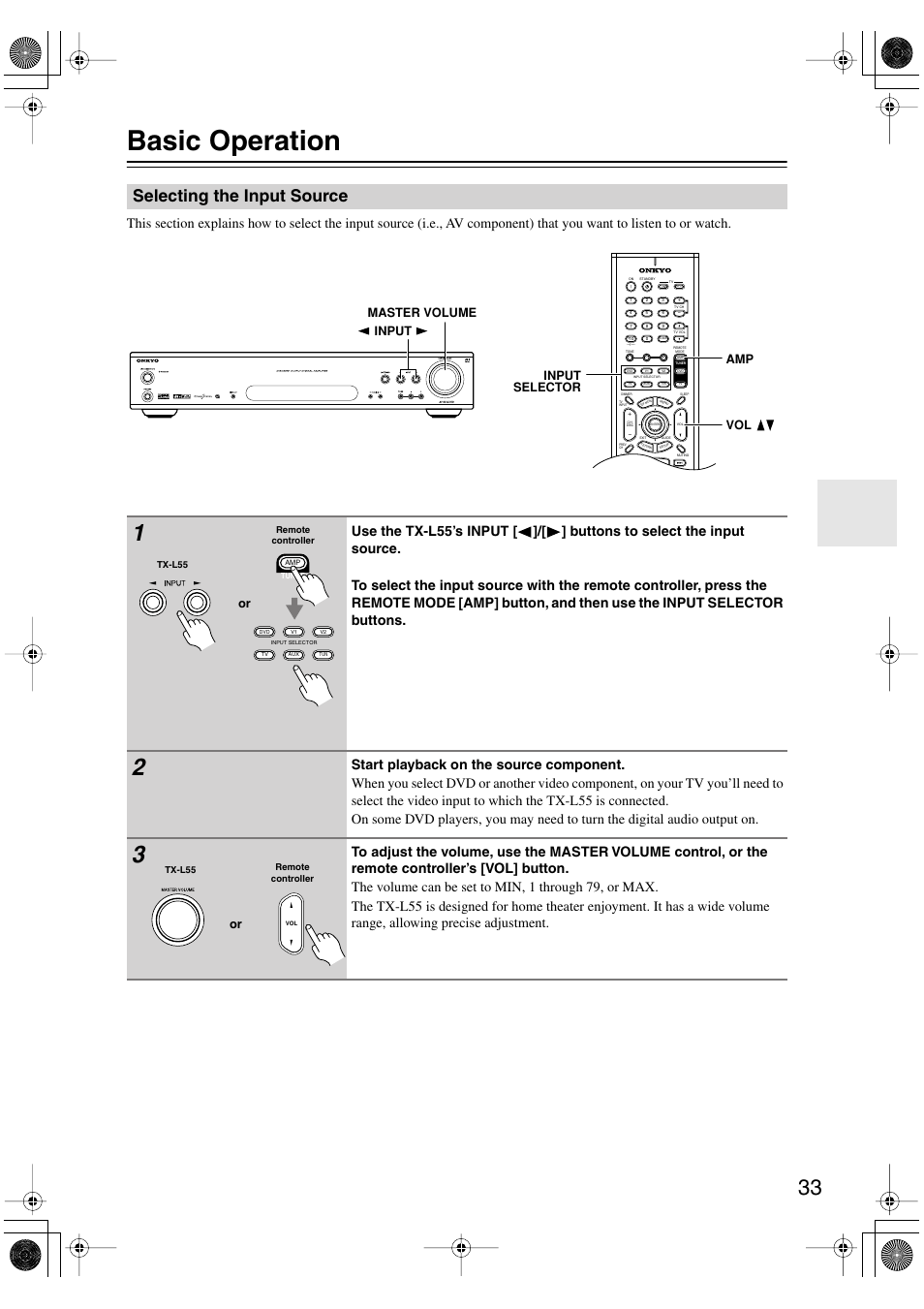 Basic operation, Selecting the input source, Master volume input | Amp vol input selector | Onkyo TX-L55 User Manual | Page 33 / 63