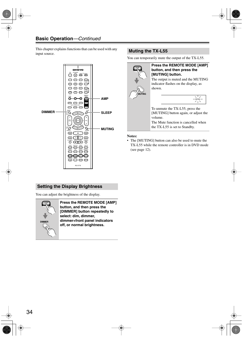 Basic operation —continued, Setting the display brightness, Muting the tx-l55 | Amp sleep muting dimmer | Onkyo TX-L55 User Manual | Page 34 / 63