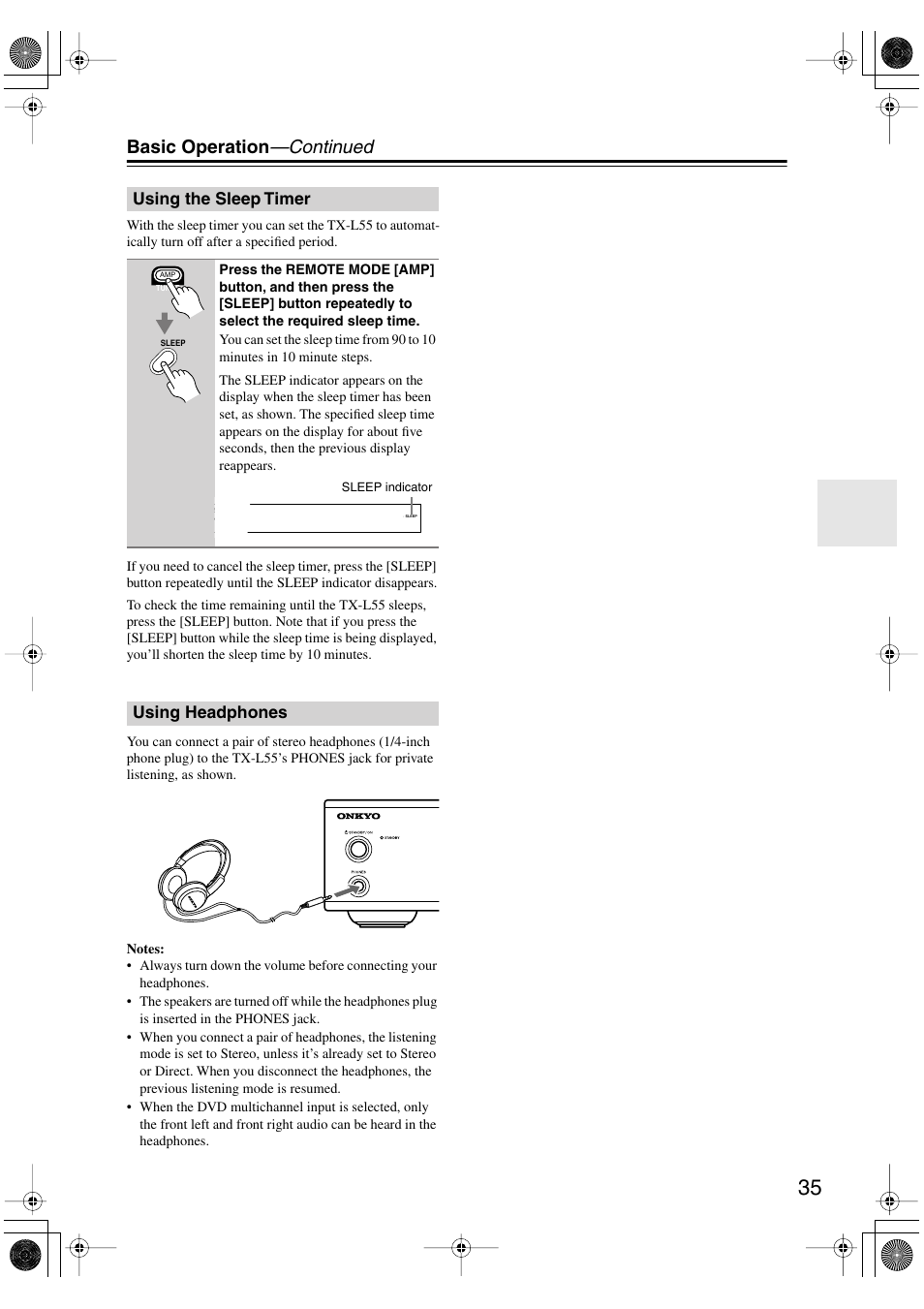 Basic operation —continued, Using the sleep timer, Using headphones | Onkyo TX-L55 User Manual | Page 35 / 63