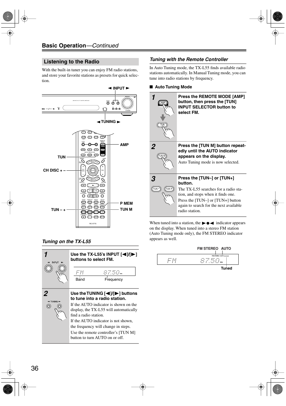 Basic operation —continued, Listening to the radio | Onkyo TX-L55 User Manual | Page 36 / 63