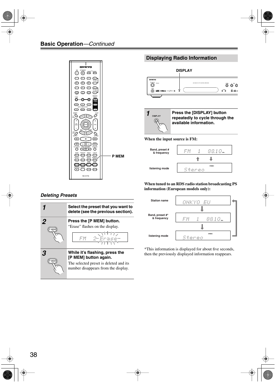 Basic operation —continued, Displaying radio information, Deleting presets | P mem, Display | Onkyo TX-L55 User Manual | Page 38 / 63