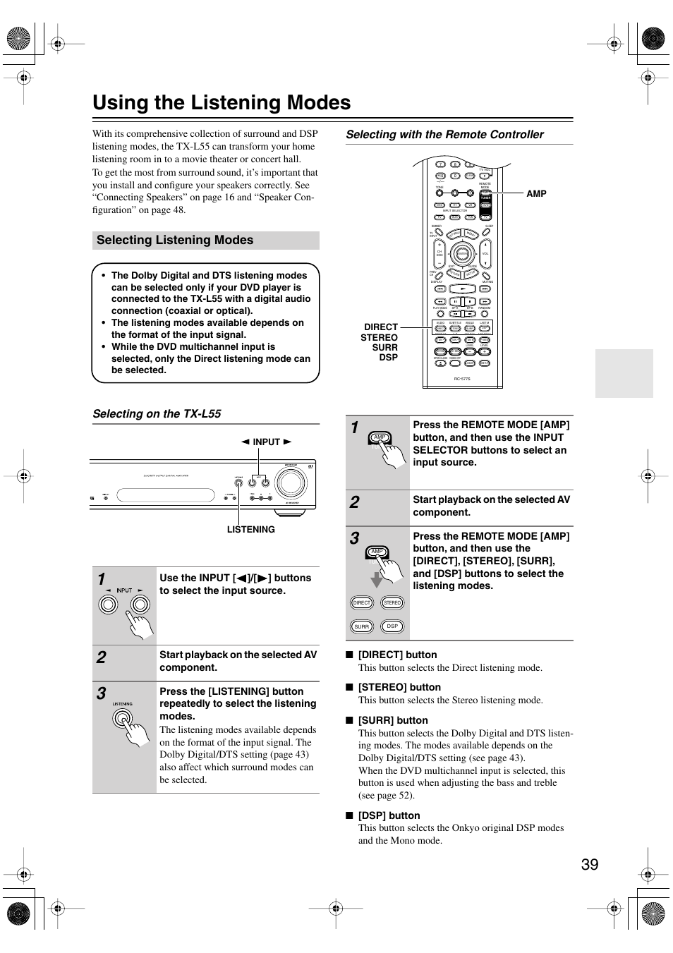Using the listening modes, Selecting listening modes, Start playback on the selected av component | Onkyo TX-L55 User Manual | Page 39 / 63