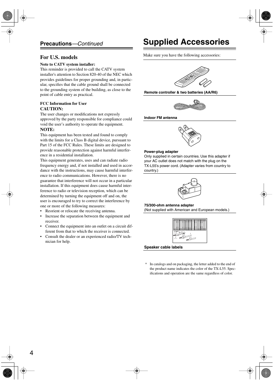 Supplied accessories, Precautions —continued for u.s. models, Caution | Make sure you have the following accessories, Speaker cable, Speaker cable labels | Onkyo TX-L55 User Manual | Page 4 / 63