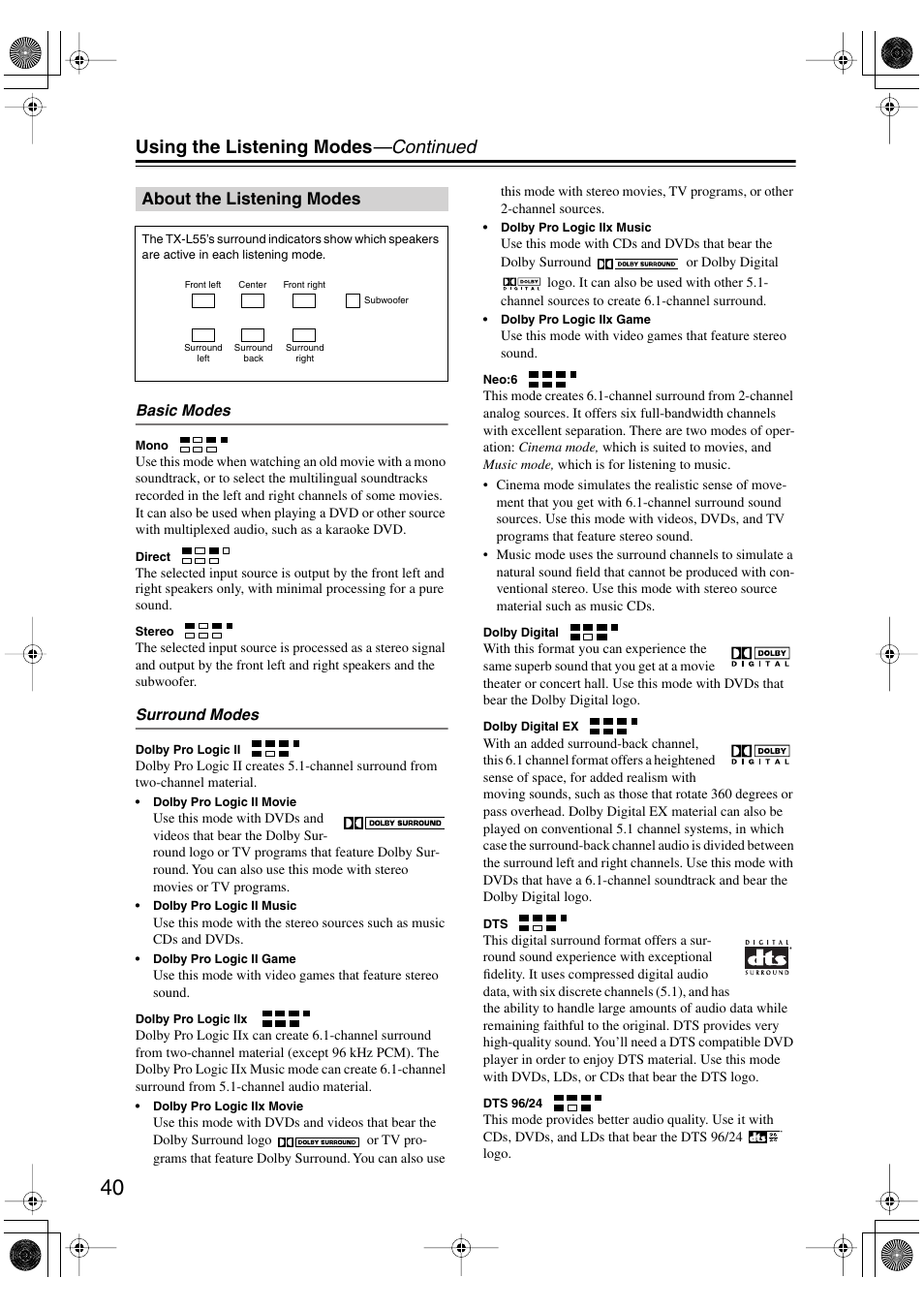 Using the listening modes —continued, About the listening modes | Onkyo TX-L55 User Manual | Page 40 / 63