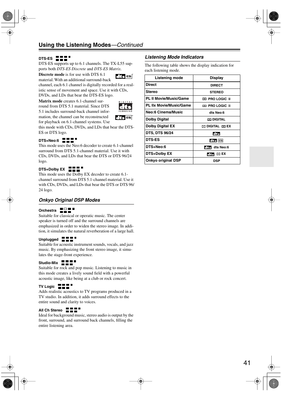 Using the listening modes —continued | Onkyo TX-L55 User Manual | Page 41 / 63