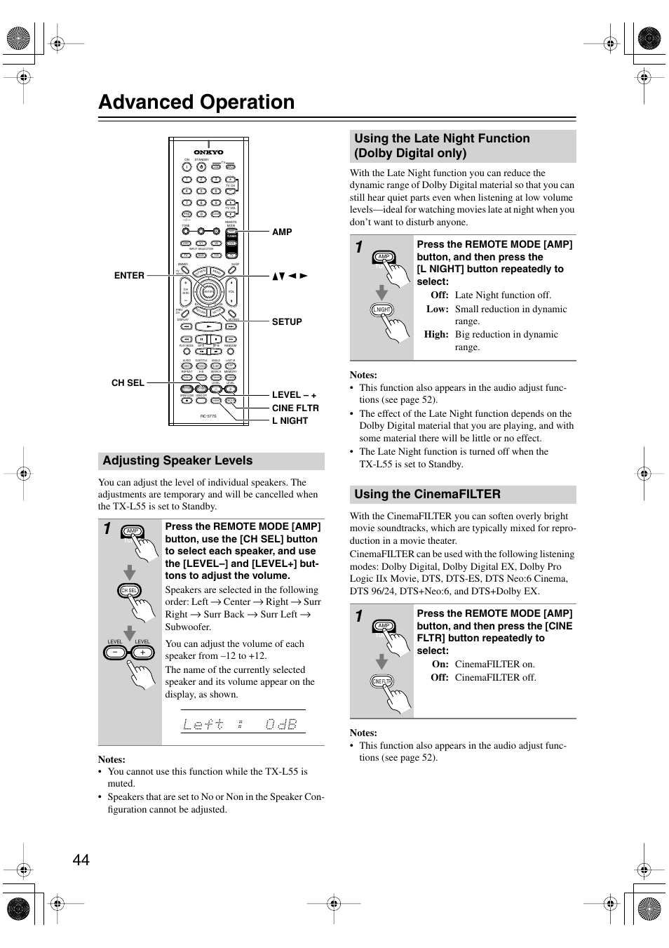 Advanced operation, Adjusting speaker levels, Using the late night function (dolby digital only) | Using the cinemafilter, Center, Right, Surr right, Surr back, Surr left | Onkyo TX-L55 User Manual | Page 44 / 63