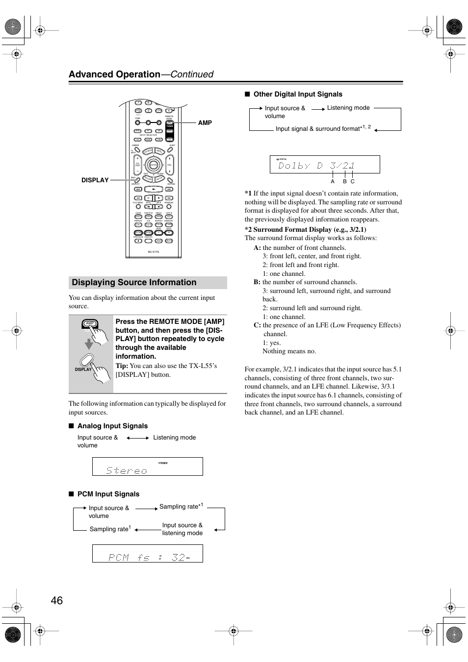 Advanced operation —continued, Displaying source information, Amp display | Input source & listening mode sampling rate | Onkyo TX-L55 User Manual | Page 46 / 63