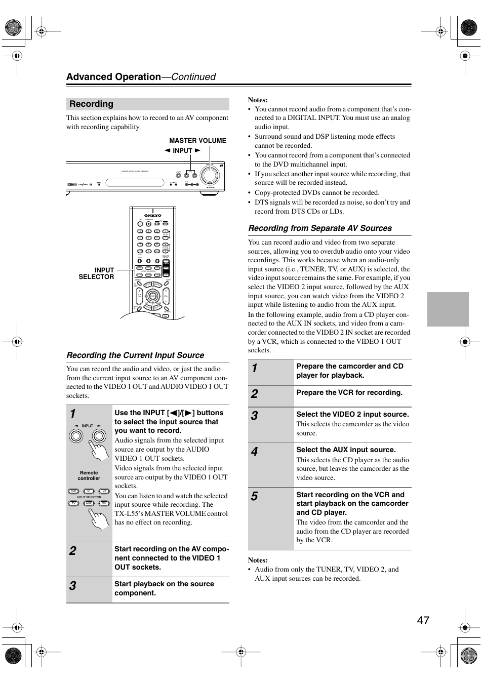 Advanced operation —continued, Recording, Recording the current input source | Recording from separate av sources, Start playback on the source component, Prepare the camcorder and cd player for playback, Prepare the vcr for recording | Onkyo TX-L55 User Manual | Page 47 / 63