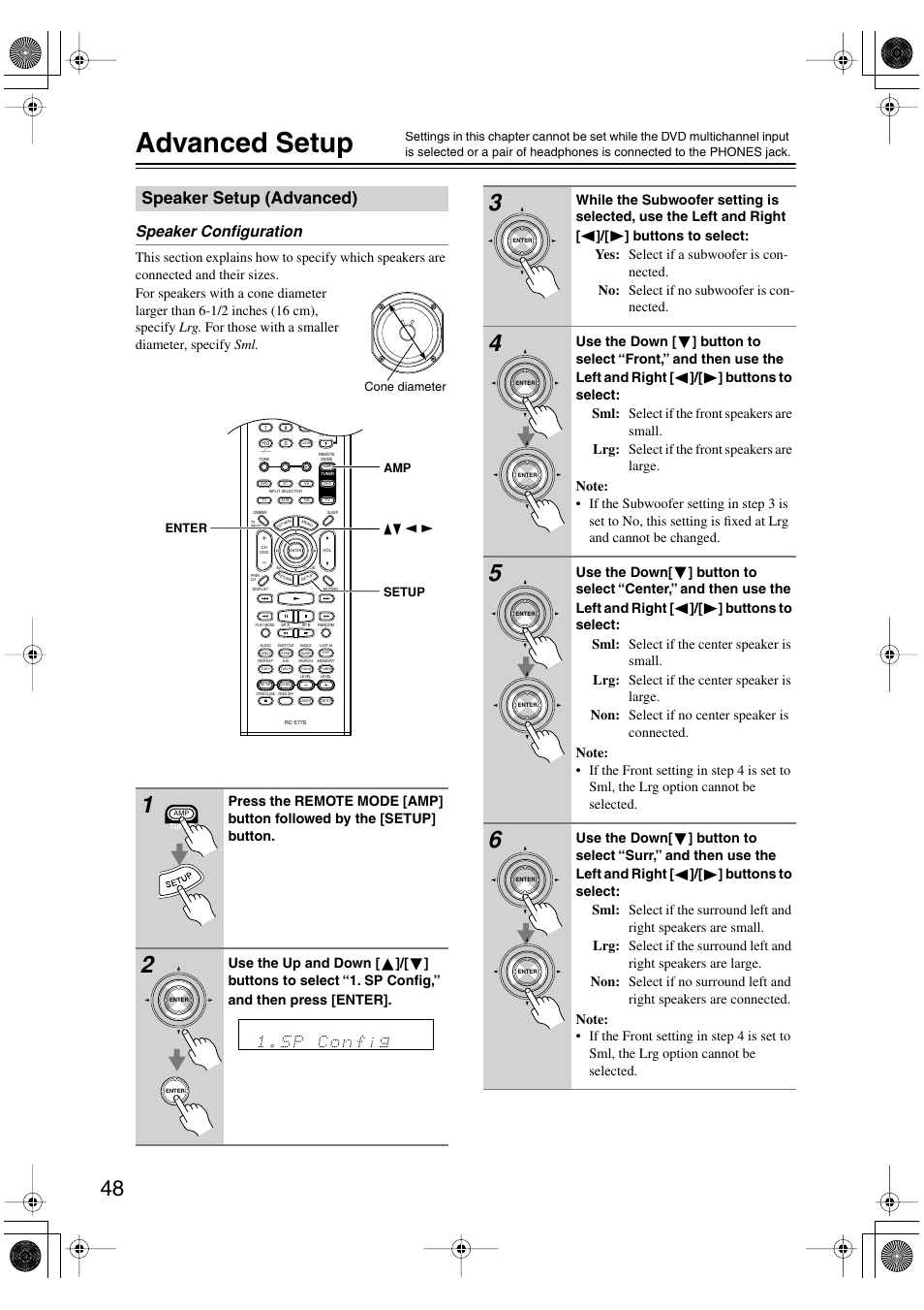 Advanced setup, Speaker setup (advanced), Speaker configuration | Onkyo TX-L55 User Manual | Page 48 / 63