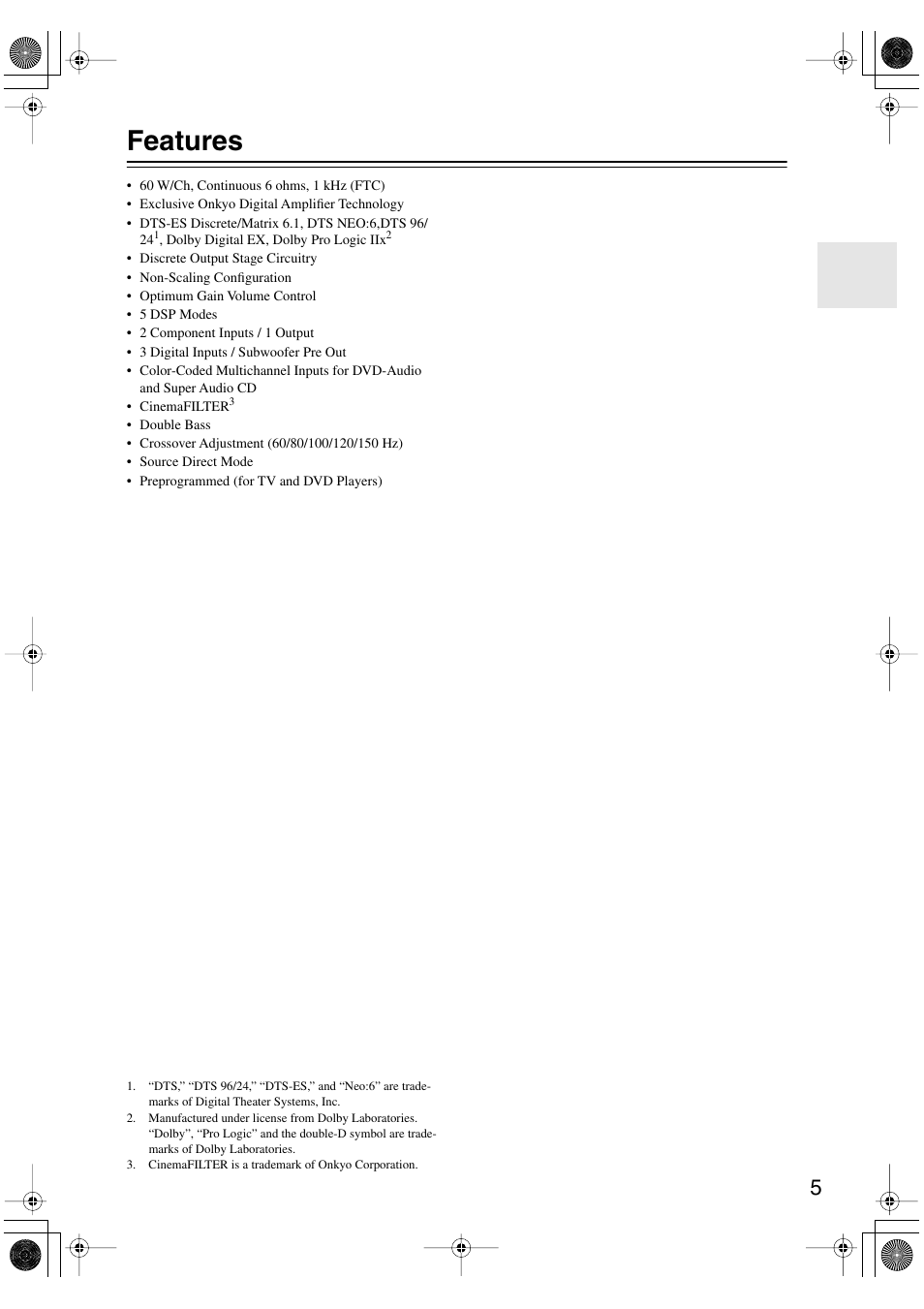 Features | Onkyo TX-L55 User Manual | Page 5 / 63