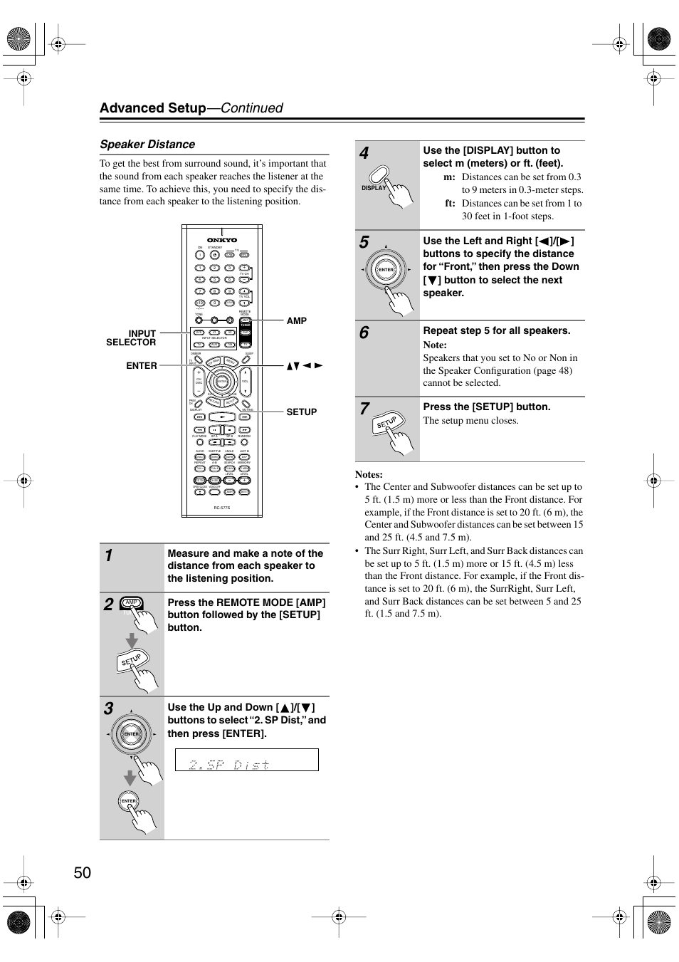 Advanced setup —continued, Speaker distance, Press the [setup] button. the setup menu closes | Onkyo TX-L55 User Manual | Page 50 / 63