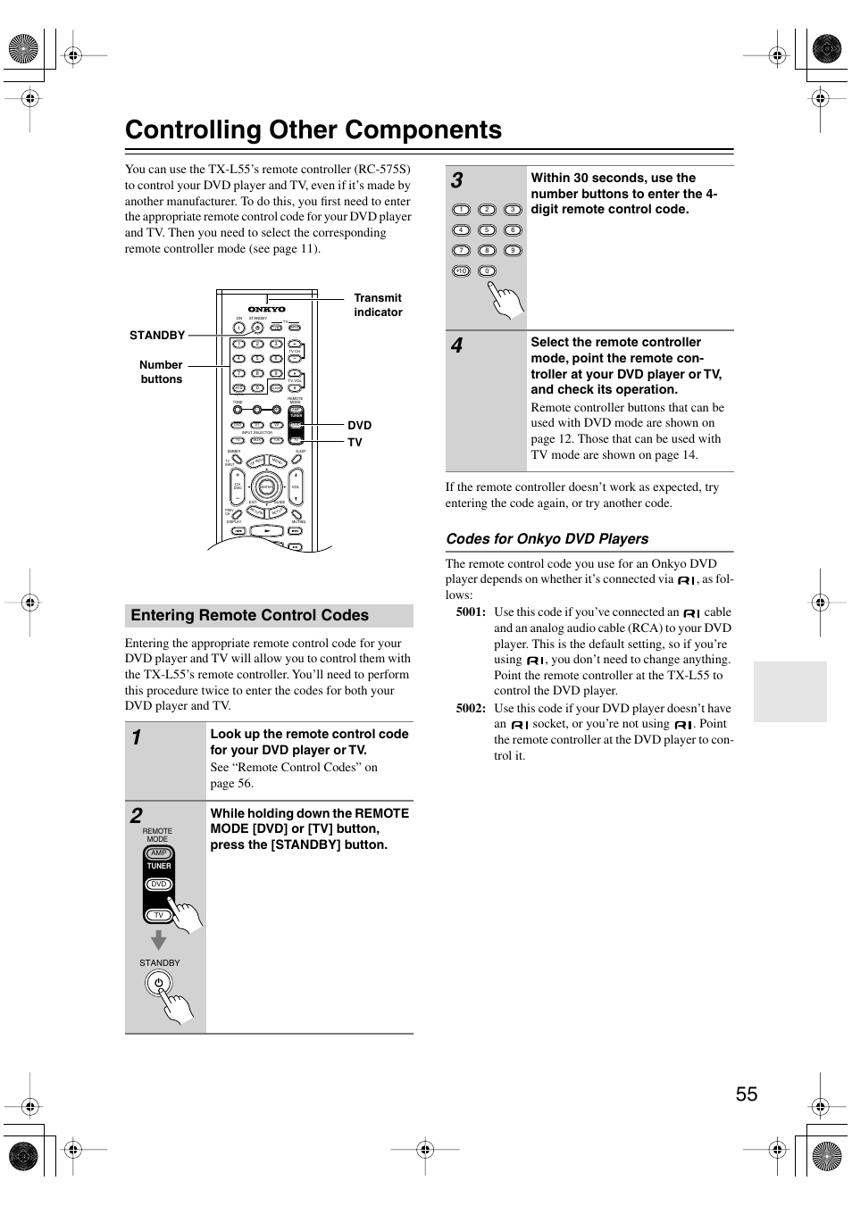 Controlling other components, Entering remote control codes, Codes for onkyo dvd players | Onkyo TX-L55 User Manual | Page 55 / 63