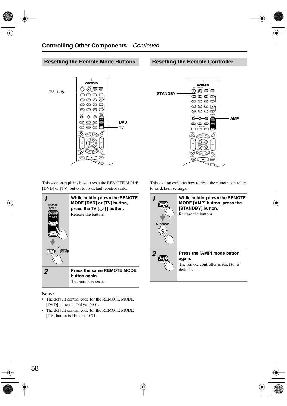 Controlling other components —continued, Resetting the remote mode buttons, Resetting the remote controller | Dvd tv tv i, Amp standby | Onkyo TX-L55 User Manual | Page 58 / 63