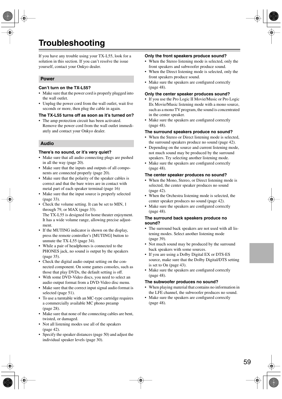 Troubleshooting | Onkyo TX-L55 User Manual | Page 59 / 63