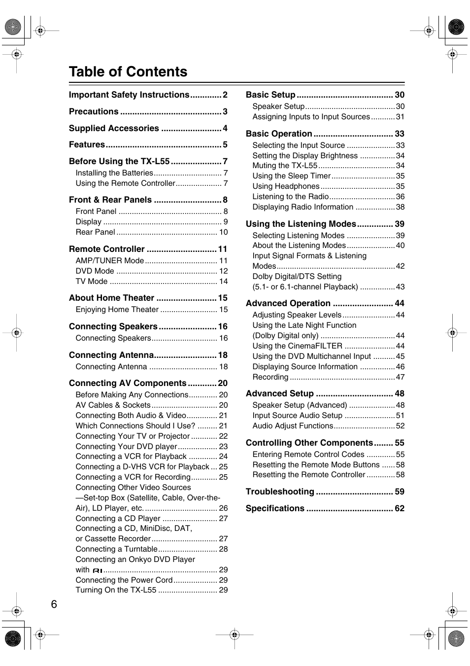 Onkyo TX-L55 User Manual | Page 6 / 63