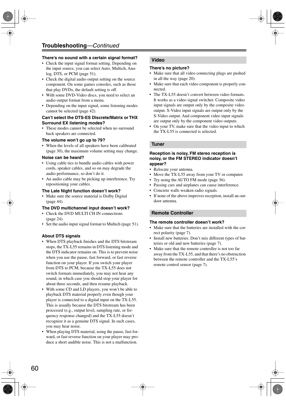 Troubleshooting —continued | Onkyo TX-L55 User Manual | Page 60 / 63