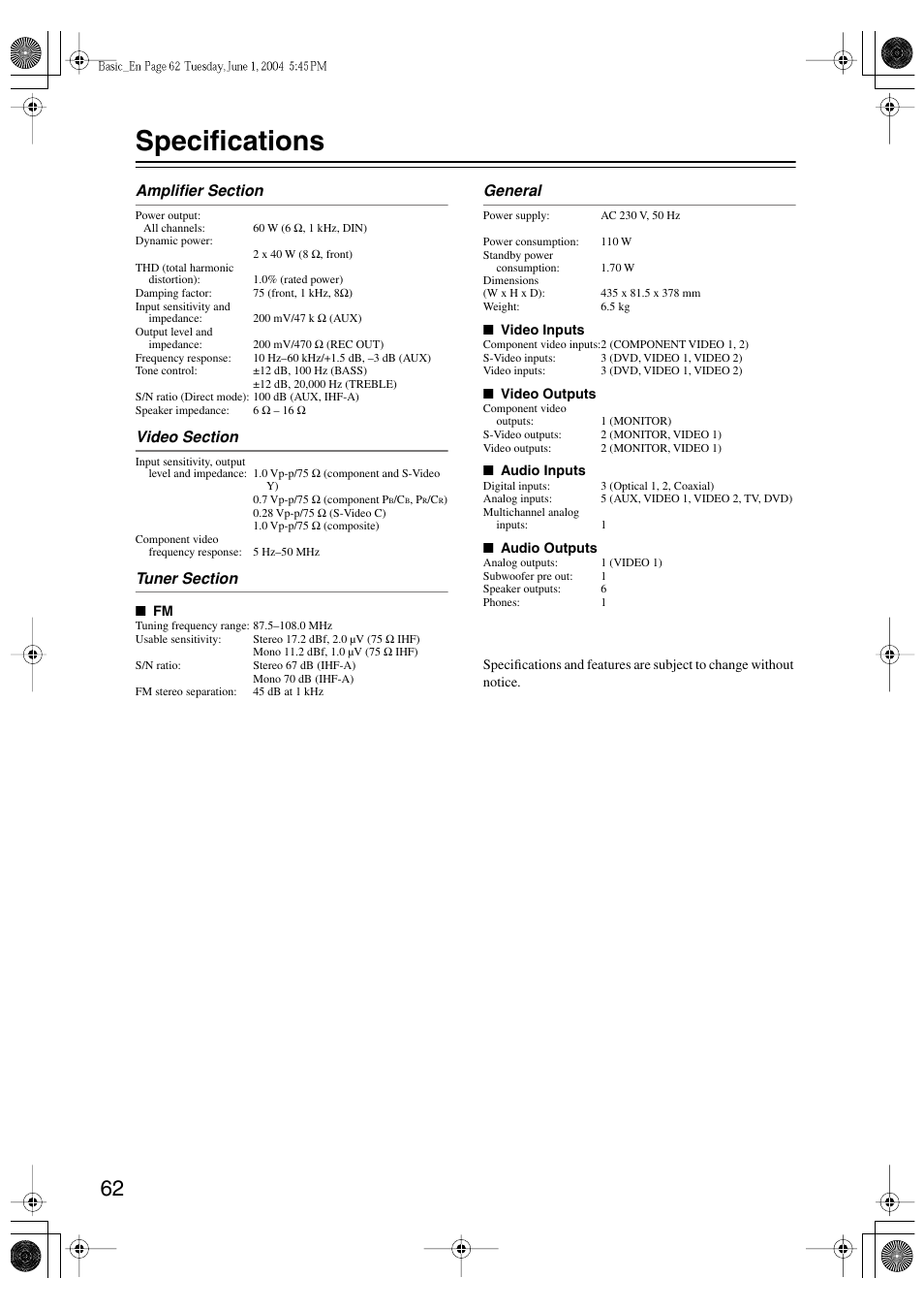 Specifications, General | Onkyo TX-L55 User Manual | Page 62 / 63