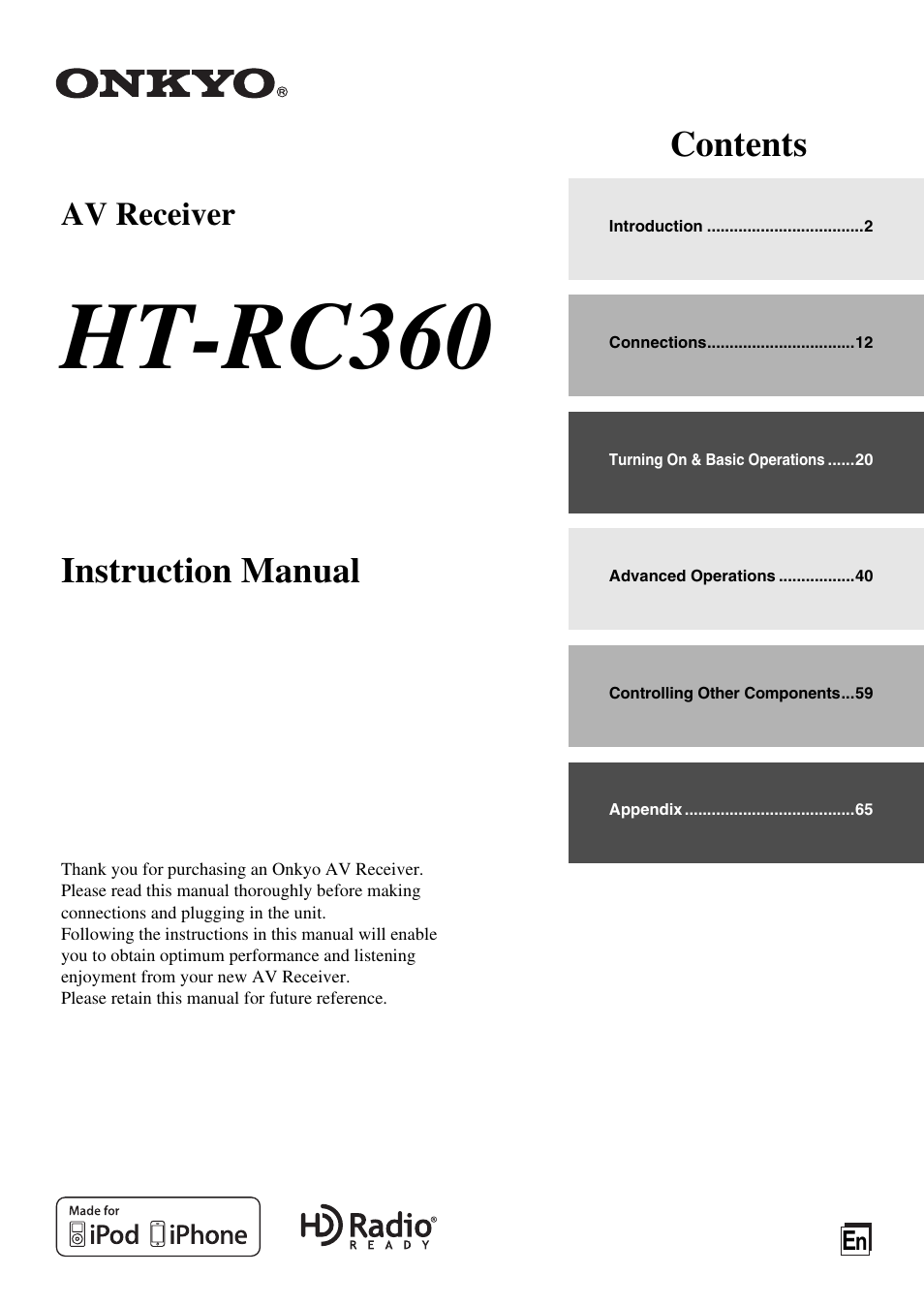 Onkyo 7.2-Channel Network Audio/Video Receiver HT-RC360 User Manual | 84 pages