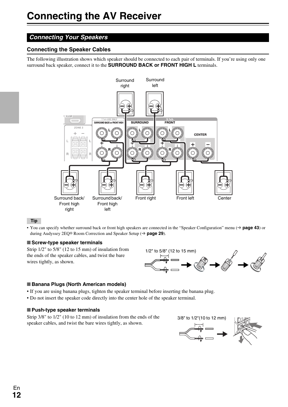 Connections, Connecting the av receiver, Connecting your speakers | See “connecting the av receiver” for con | Onkyo 7.2-Channel Network Audio/Video Receiver HT-RC360 User Manual | Page 12 / 84