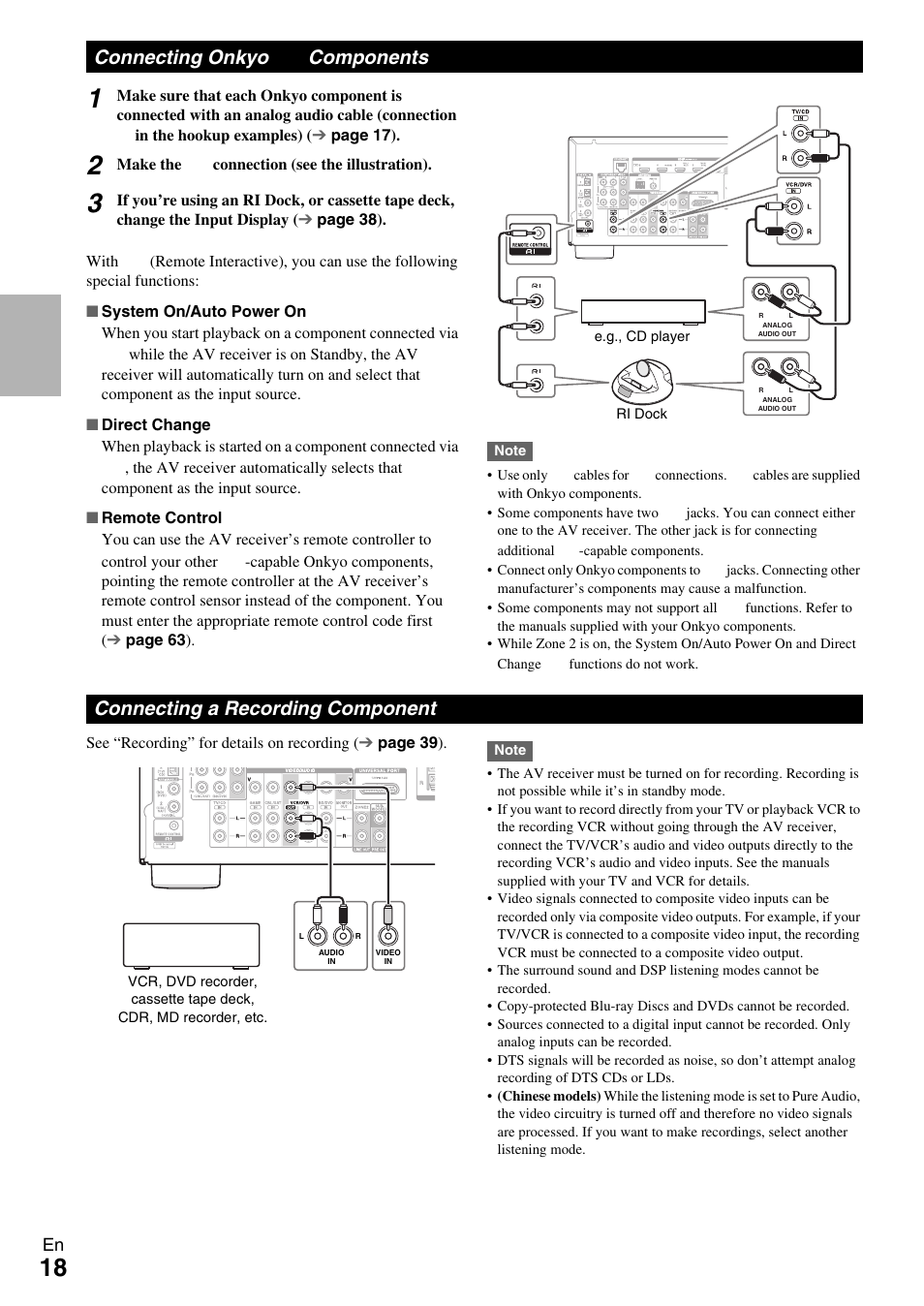 Connecting onkyo ri components, Connecting a recording component, Connecting onkyo | Connecting onkyo components | Onkyo 7.2-Channel Network Audio/Video Receiver HT-RC360 User Manual | Page 18 / 84