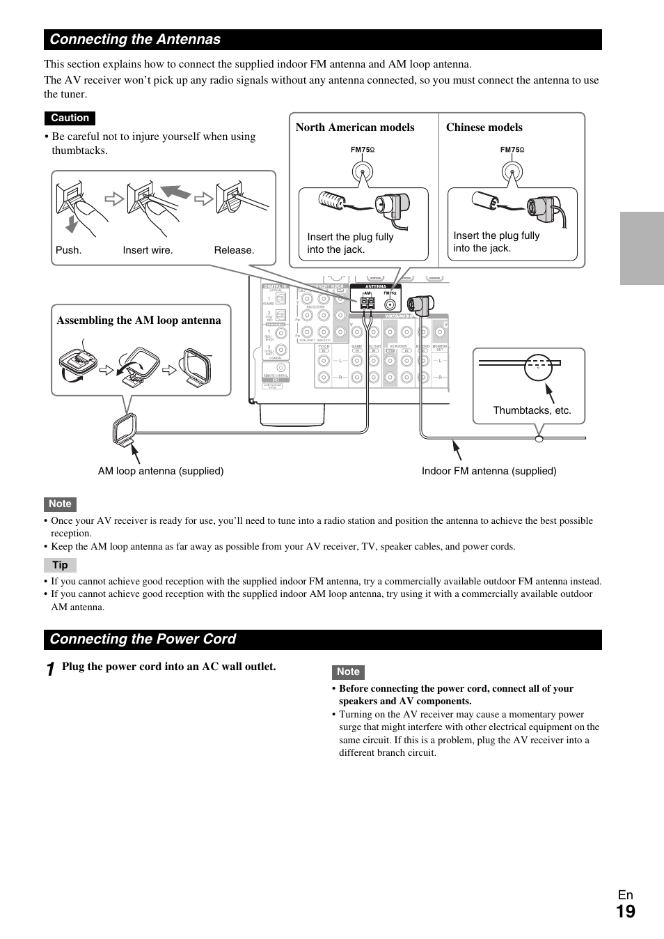 Connecting the antennas, Connecting the power cord, Connecting the antennas connecting the power cord | Onkyo 7.2-Channel Network Audio/Video Receiver HT-RC360 User Manual | Page 19 / 84