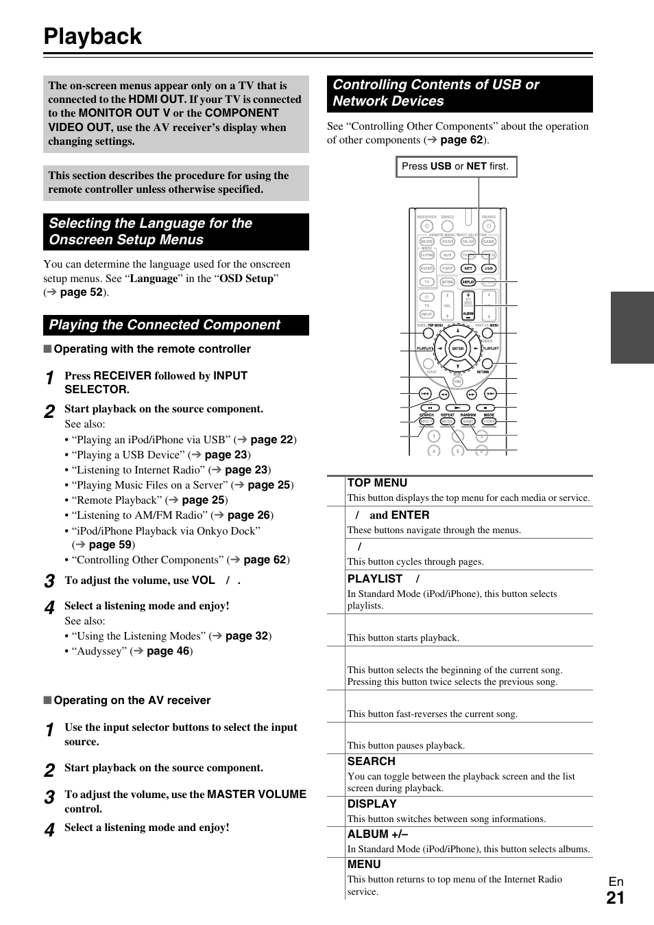 Playback, Playing the connected component, Controlling contents of usb or network devices | Selecting the language for, The onscreen setup menus, Tor (21 | Onkyo 7.2-Channel Network Audio/Video Receiver HT-RC360 User Manual | Page 21 / 84