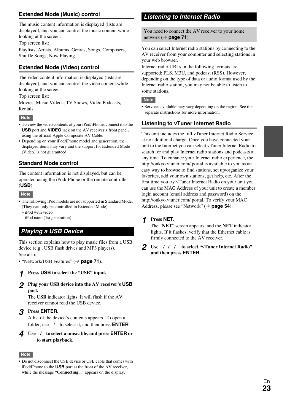 Playing a usb device, Listening to internet radio, Playing a usb device listening to internet radio | Onkyo 7.2-Channel Network Audio/Video Receiver HT-RC360 User Manual | Page 23 / 84