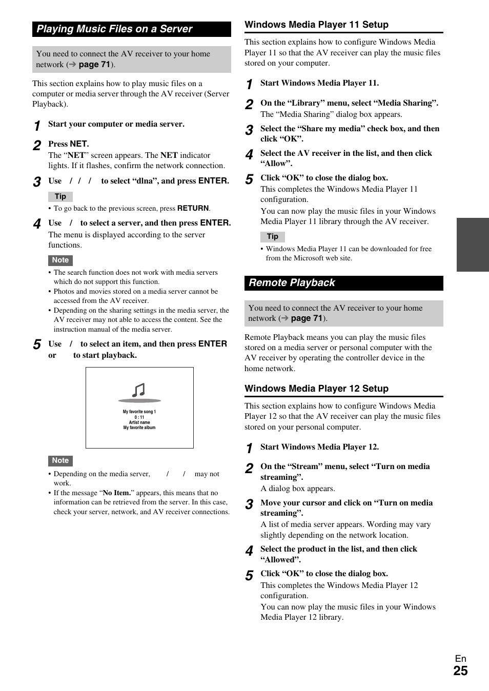 Playing music files on a server, Remote playback, Playing music files on a server remote playback | Onkyo 7.2-Channel Network Audio/Video Receiver HT-RC360 User Manual | Page 25 / 84