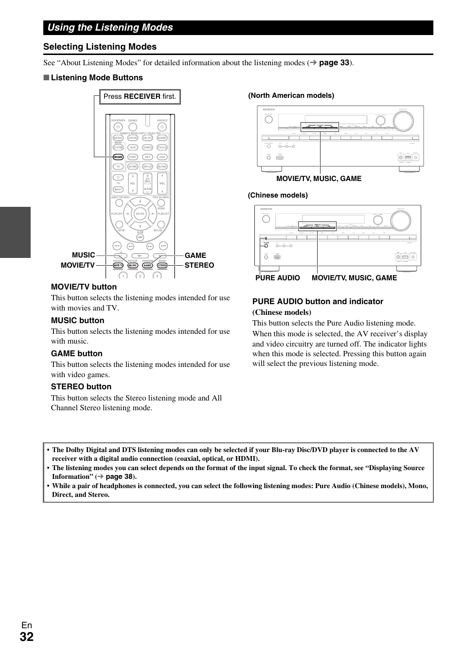 Using the listening modes, Buttons (32 | Onkyo 7.2-Channel Network Audio/Video Receiver HT-RC360 User Manual | Page 32 / 84