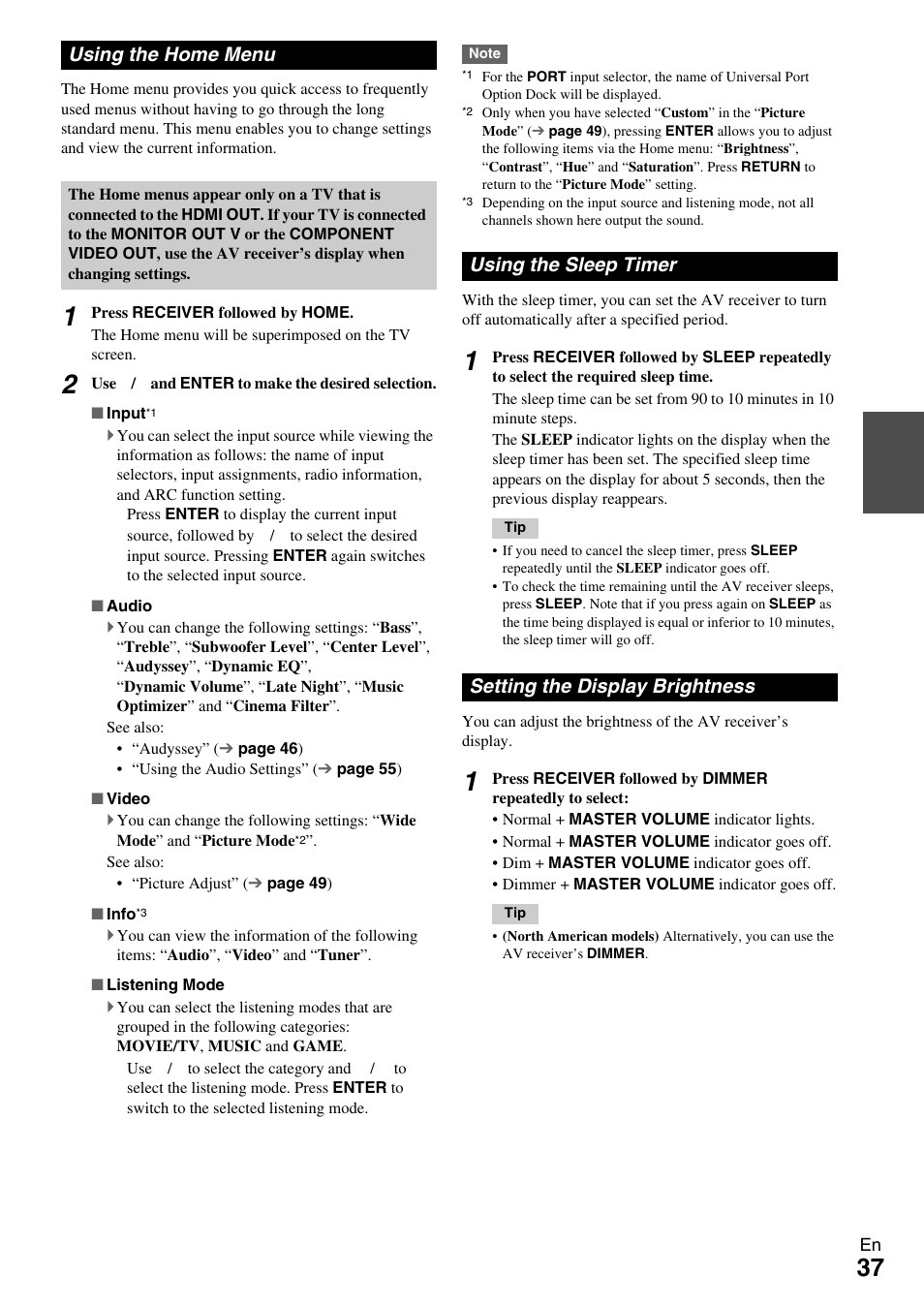 Using the home menu, Using the sleep timer, Setting the display brightness | Ls) (37 | Onkyo 7.2-Channel Network Audio/Video Receiver HT-RC360 User Manual | Page 37 / 84