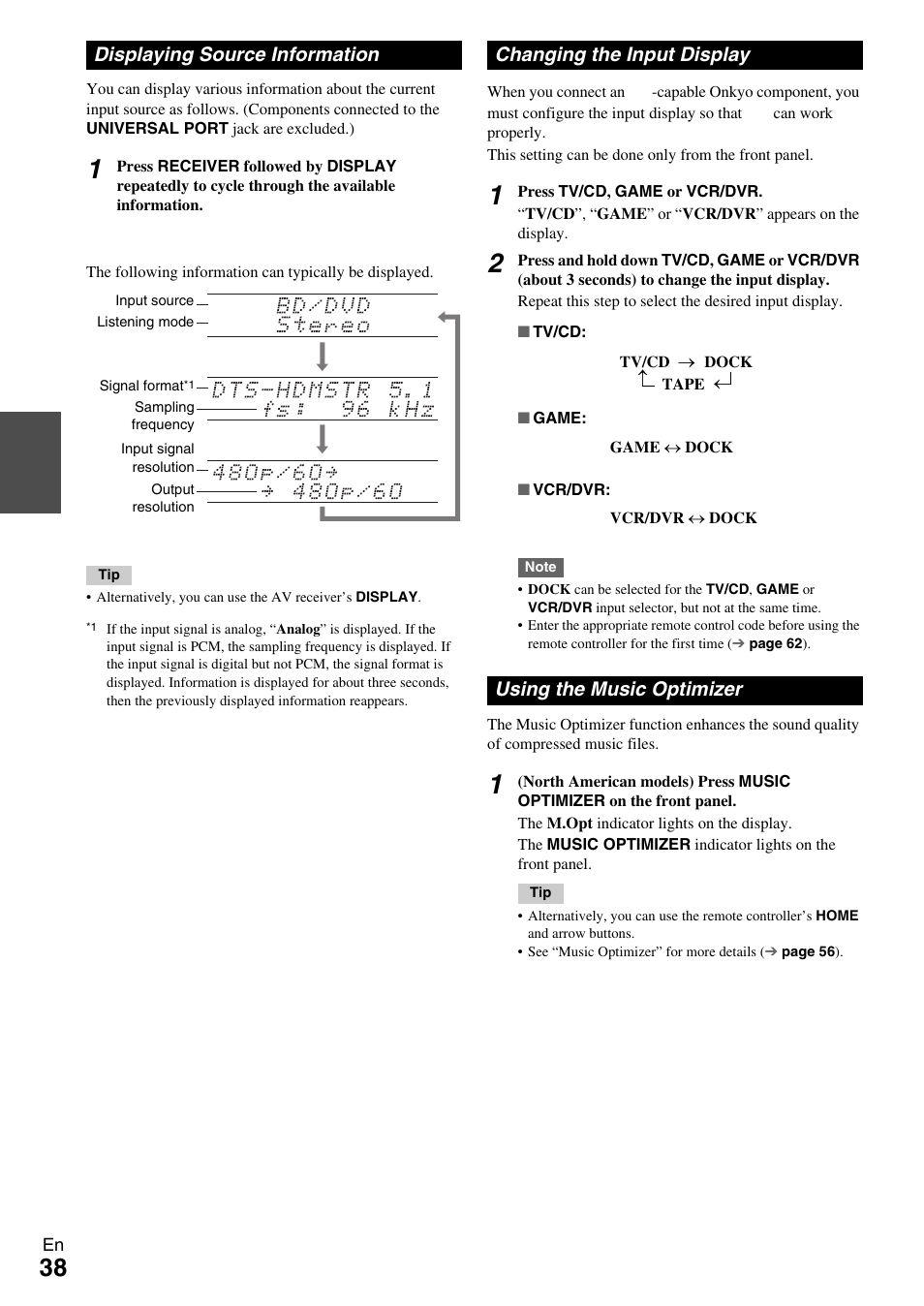Displaying source information, Changing the input display, Using the music optimizer | Button (38 | Onkyo 7.2-Channel Network Audio/Video Receiver HT-RC360 User Manual | Page 38 / 84