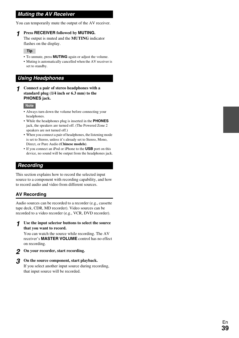 Muting the av receiver, Using headphones, Recording | Muting the av receiver using headphones recording, Ck (39, E “recording, See “recording” for de | Onkyo 7.2-Channel Network Audio/Video Receiver HT-RC360 User Manual | Page 39 / 84