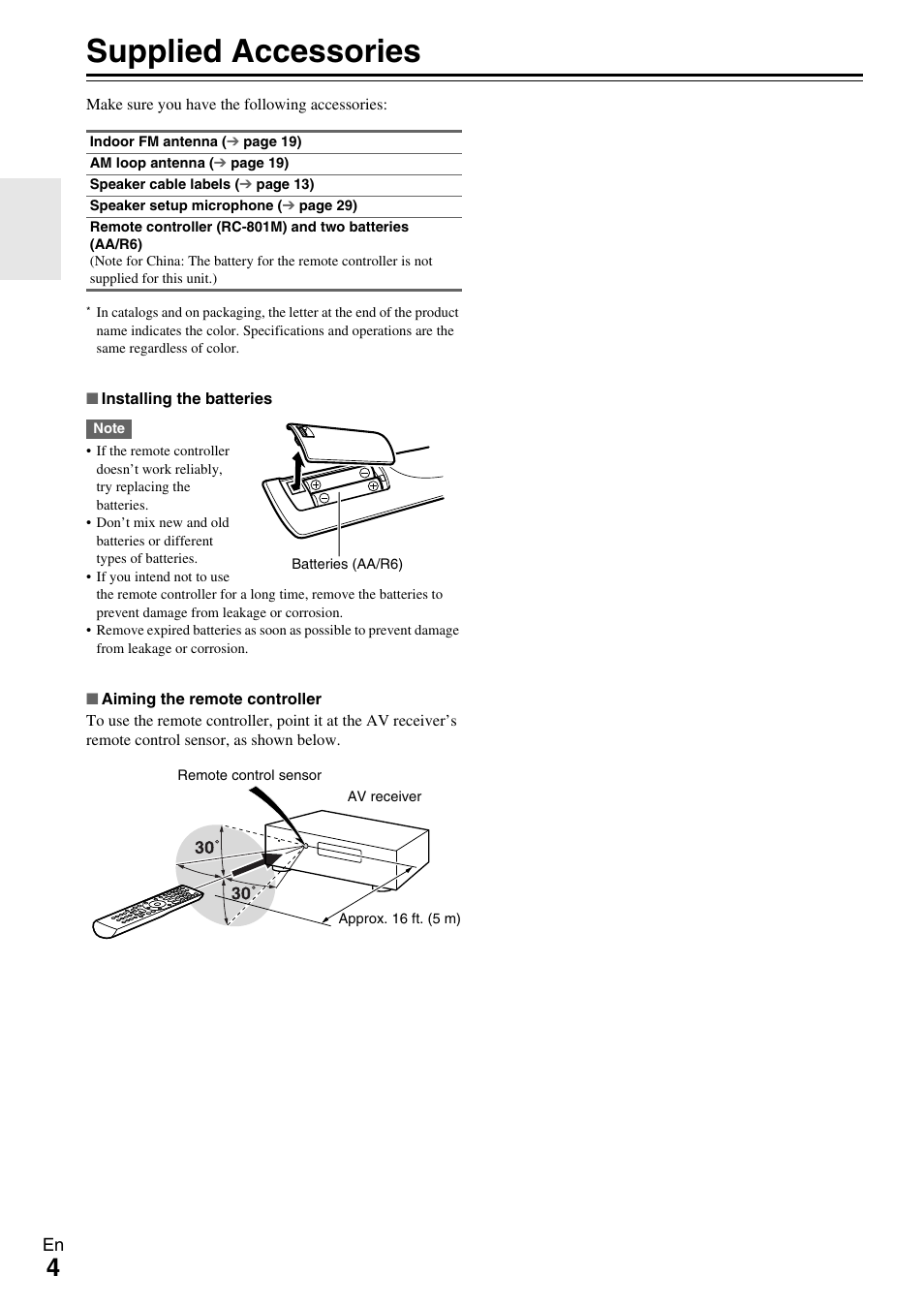 Supplied accessories | Onkyo 7.2-Channel Network Audio/Video Receiver HT-RC360 User Manual | Page 4 / 84